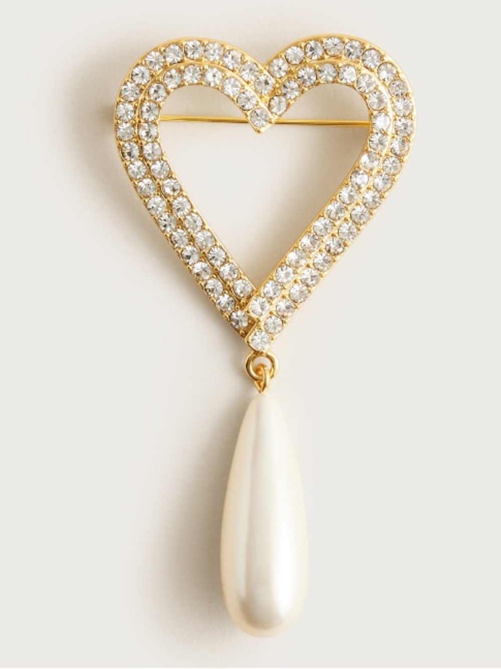 J Crew Crystal and Pearl Heart Brooch - Gold and White